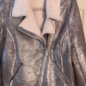 Tribal Metallic Silver Teddy Jacket with Cream Collar